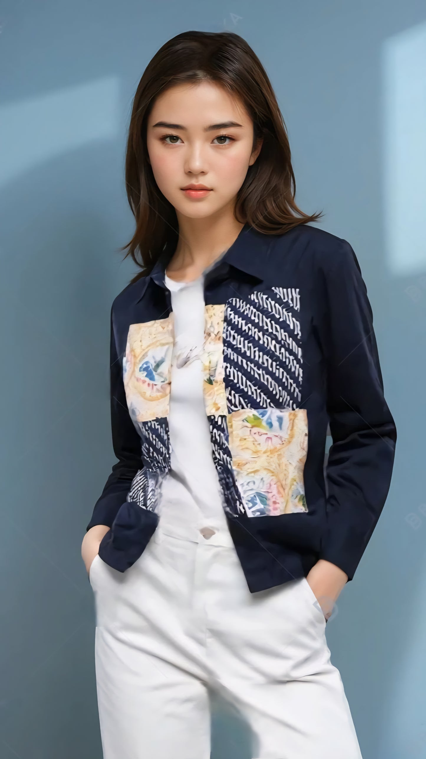 Blus Gaya Biru lengan panjang
