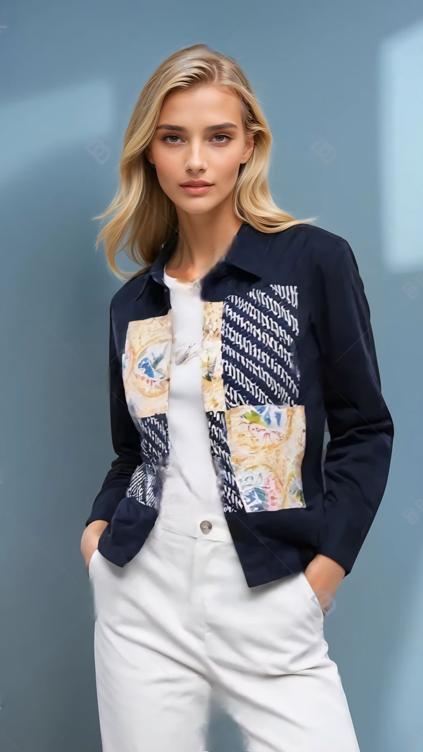Blus Gaya Biru lengan panjang
